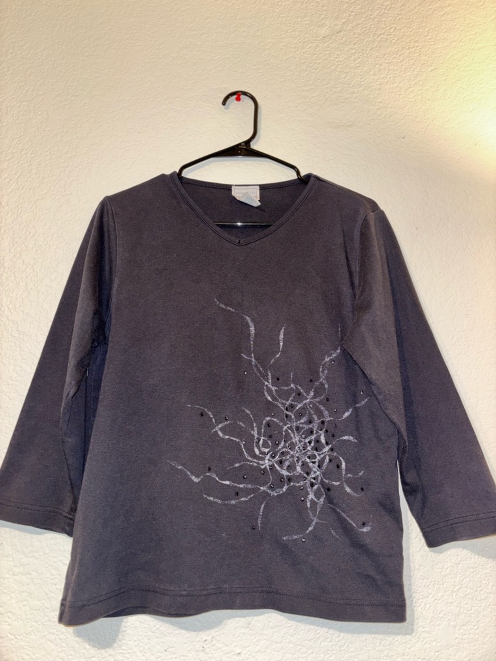 Passport Black Long Sleeve V-Neck Top with Silver Abstract Design